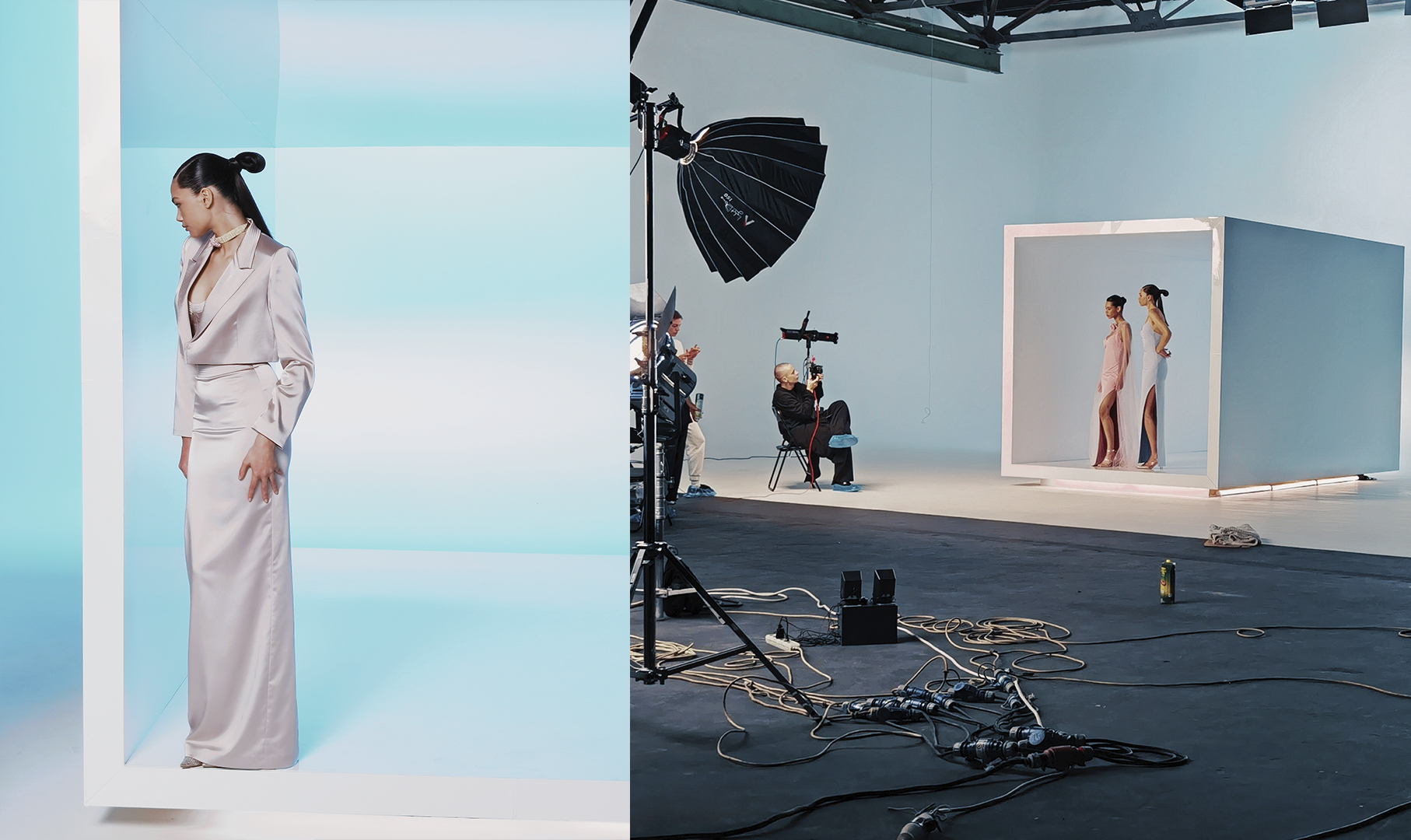 Бекстейдж фешн‑зйомки у SP Studio — білий куб, градієнтне світло, satin‑образи
