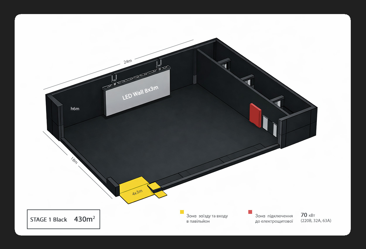 Схема павільйону STAGE 1 Black | Корисна площа для розгортання Virtual Production